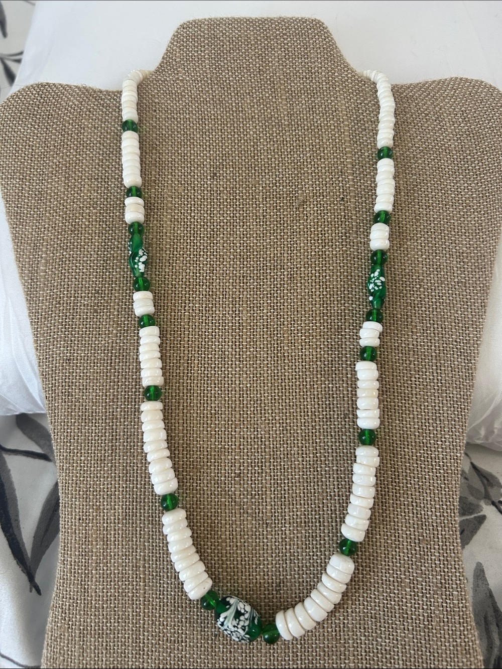 Handmade White and Green Beaded Necklace